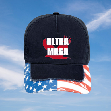 ULTRA MAGA Hat, Trump Rally Hat, Unstructured Distressed Hat HTV- Political-D-n-R Design