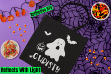 Load image into Gallery viewer, Reflective Halloween Candy Tote Bag, Personalized Safety Halloween Kids Tote Bag HTV-D-n-R Design