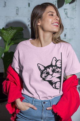 Cat Lover T Shirt Short Sleeve HTV - Peeking Cat L-D-n-R Design