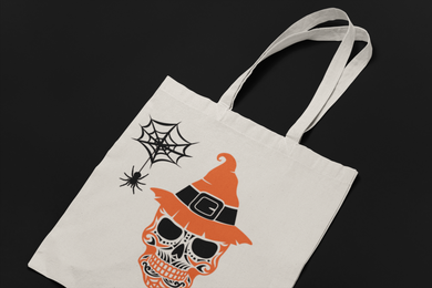 Halloween Candy Bag, Halloween Kids Tote Bag HTV - Orange Skull-D-n-R Design