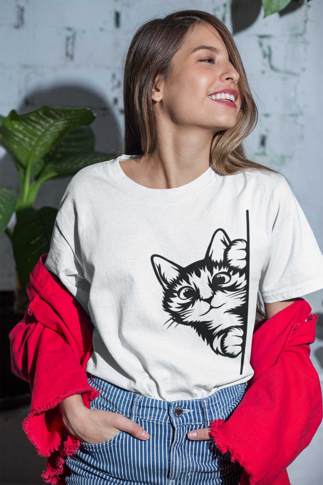 Cat Lover T Shirt Short Sleeve HTV - Peeking Cat L-D-n-R Design