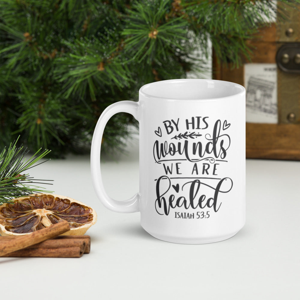 White ceramic mug - His Wounds Isaiah 53:5-D-n-R Design